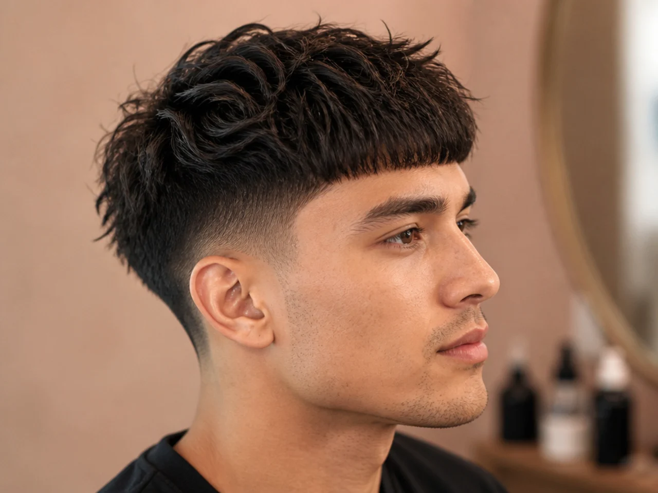 Blowout taper with an Edgar-style fringe cut in a hard straight line at brow level on dark straight hair
