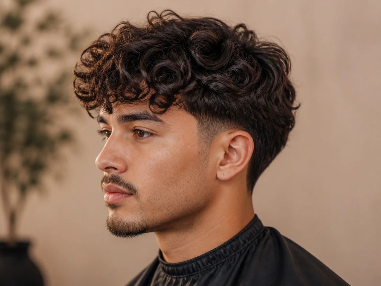Blowout taper with a curly fringe on 3A hair, natural spiral pattern falling at the eyebrows