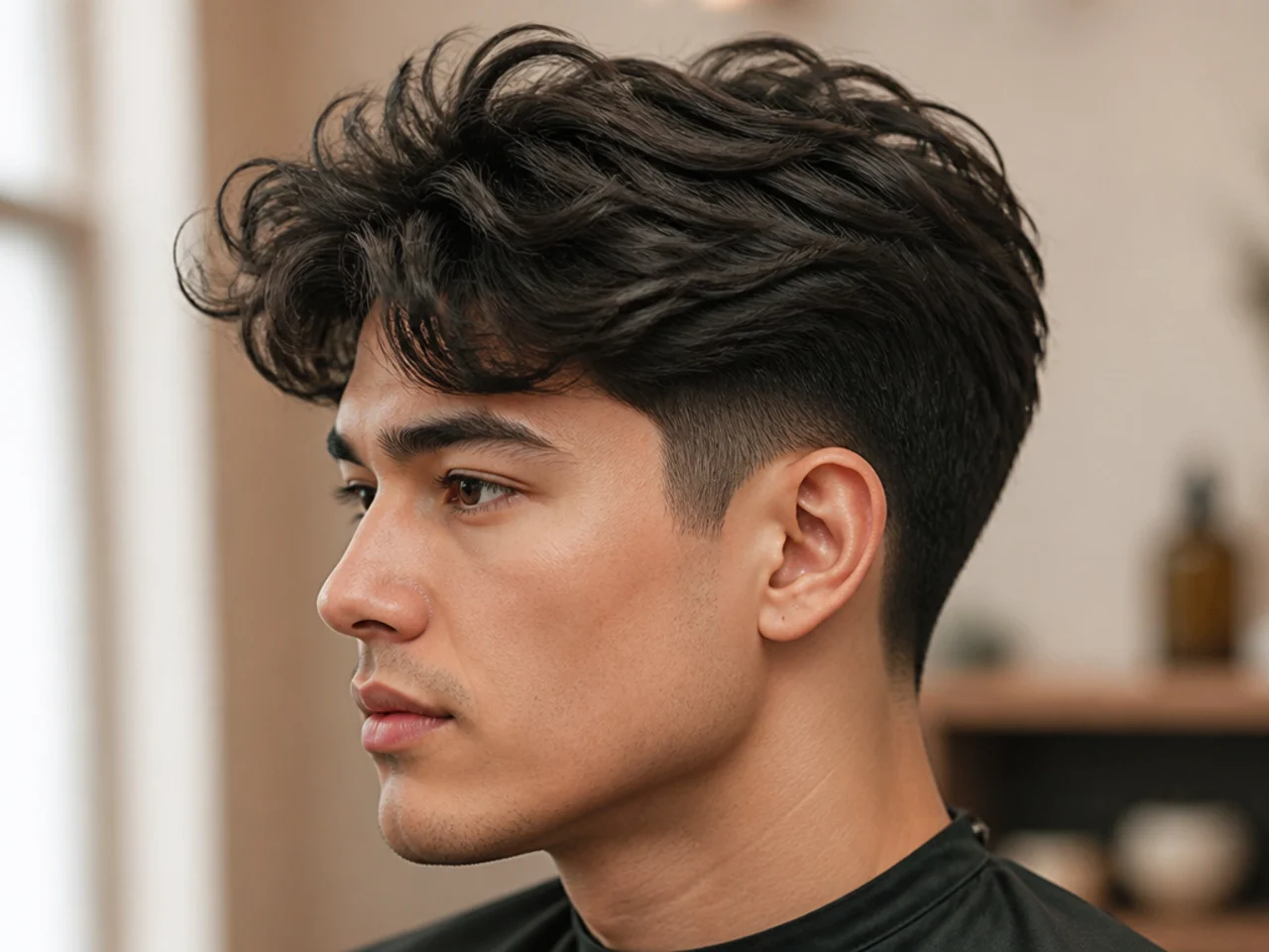 Blowout taper with a wavy fringe on 2B hair, natural wave pattern visible in the brow-length front