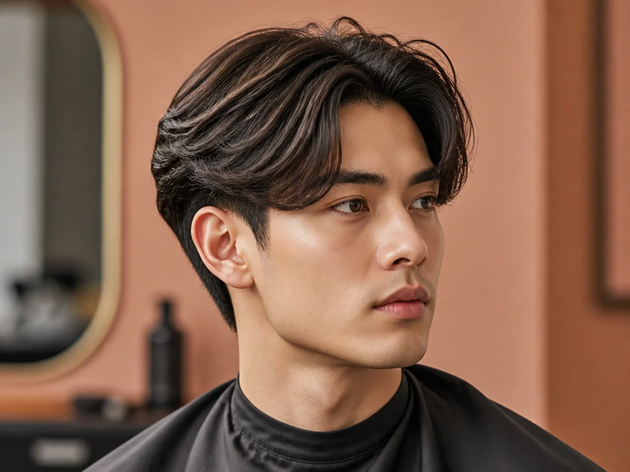 Blowout taper with a middle-part fringe split down the center and swept outward on wavy brown hair