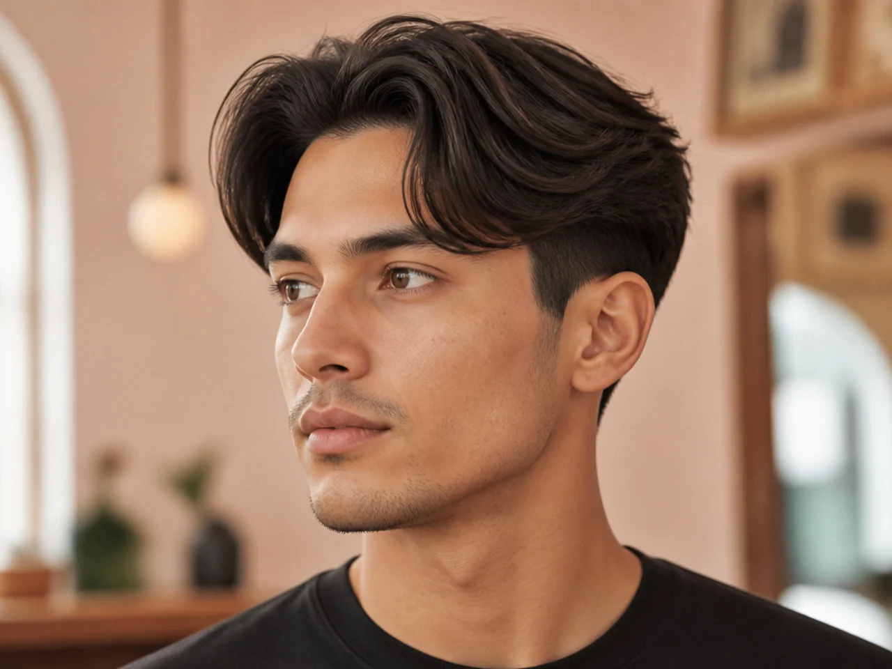 Blowout taper with a comma fringe curling into a soft C shape at the forehead on Asian dark hair