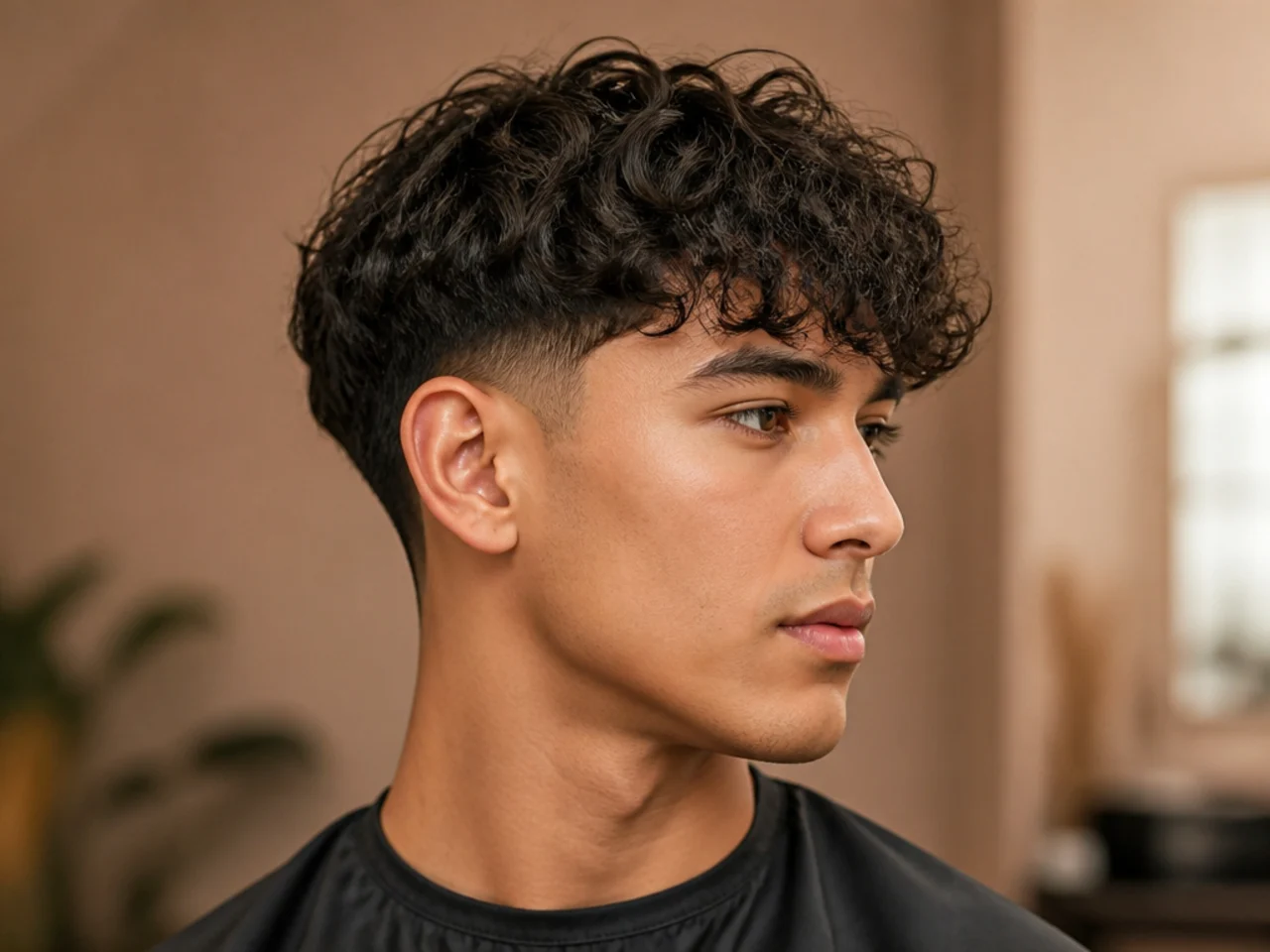 Broccoli blowout taper with a curly fringe, dense curly pouf on top with brow-length curl at the front on permed hair