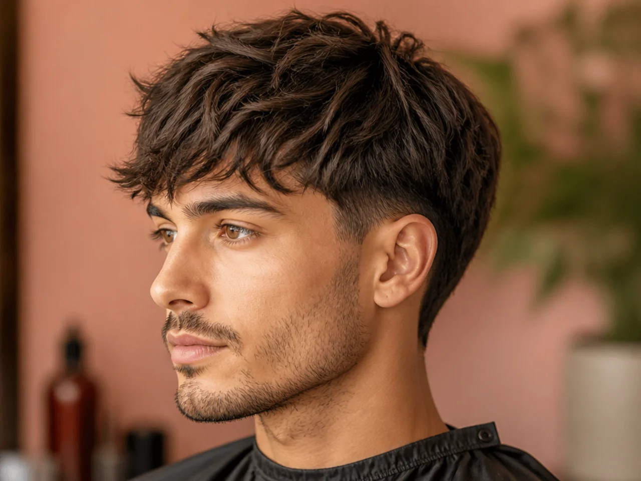 Blowout taper with a shaggy layered fringe falling in uneven pieces at the eyebrows on wavy brown hair
