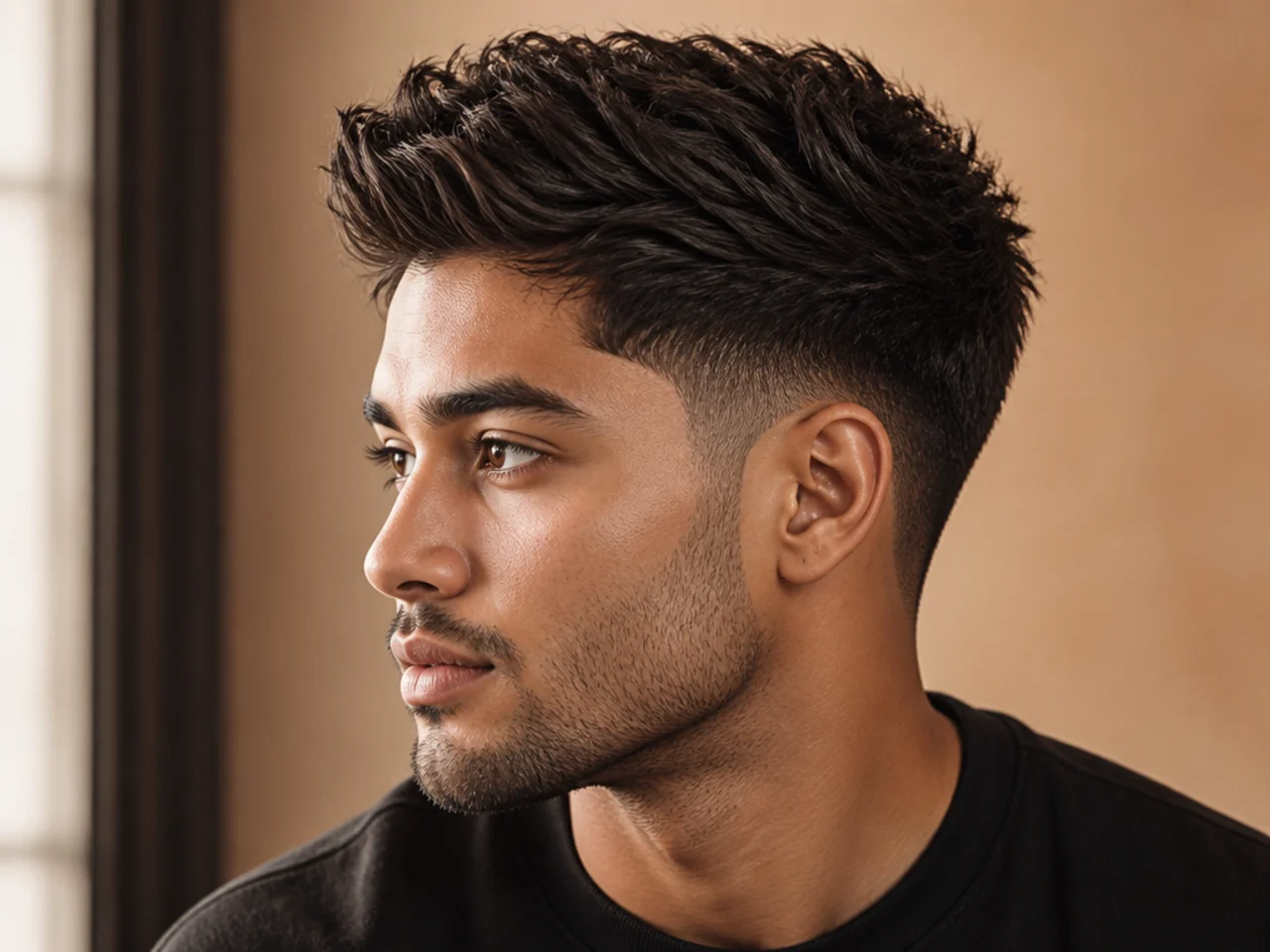Blowout taper with a faux-hawk fringe styled forward into a central peak on straight dark hair