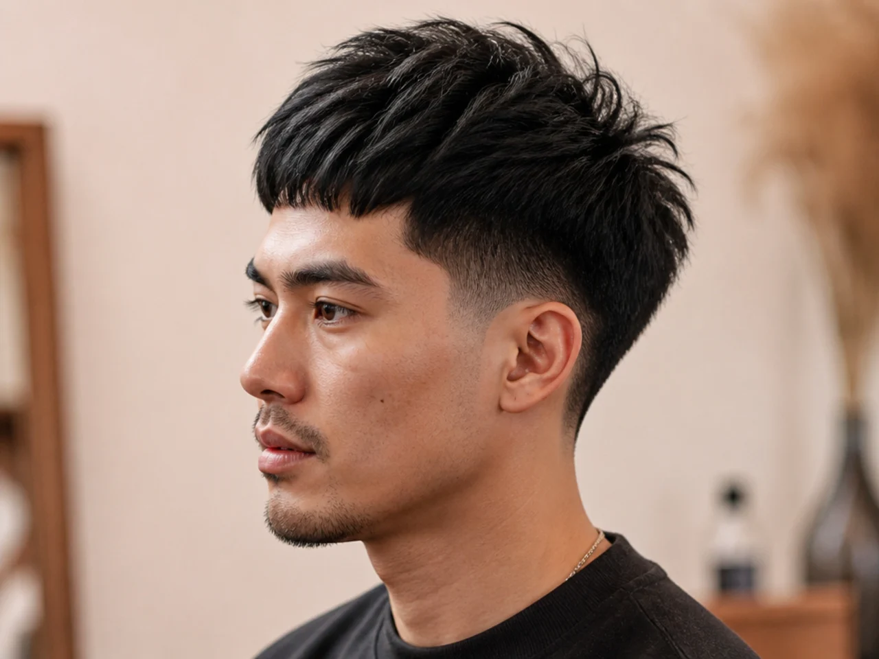High blowout taper with a cropped fringe sitting above the eyebrows on straight dark hair, sharp side contrast