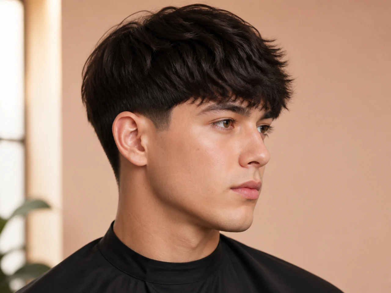 Blowout drop taper with a full brow-length fringe on brown wavy hair, taper line arcing down behind the ear