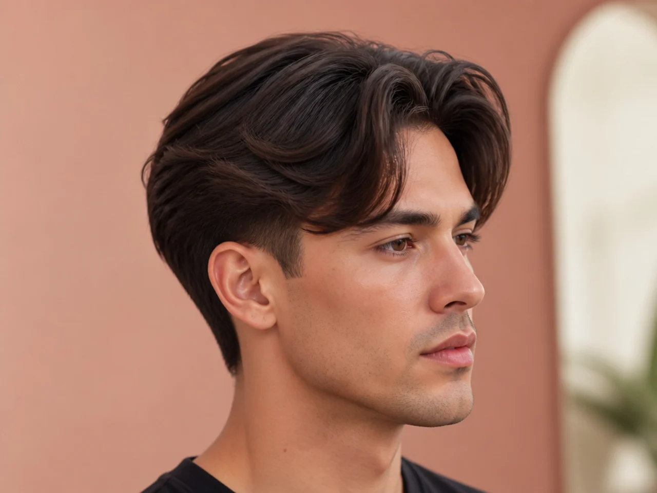 Blowout taper with a curtain fringe parted down the middle and sweeping outward on wavy brown hair