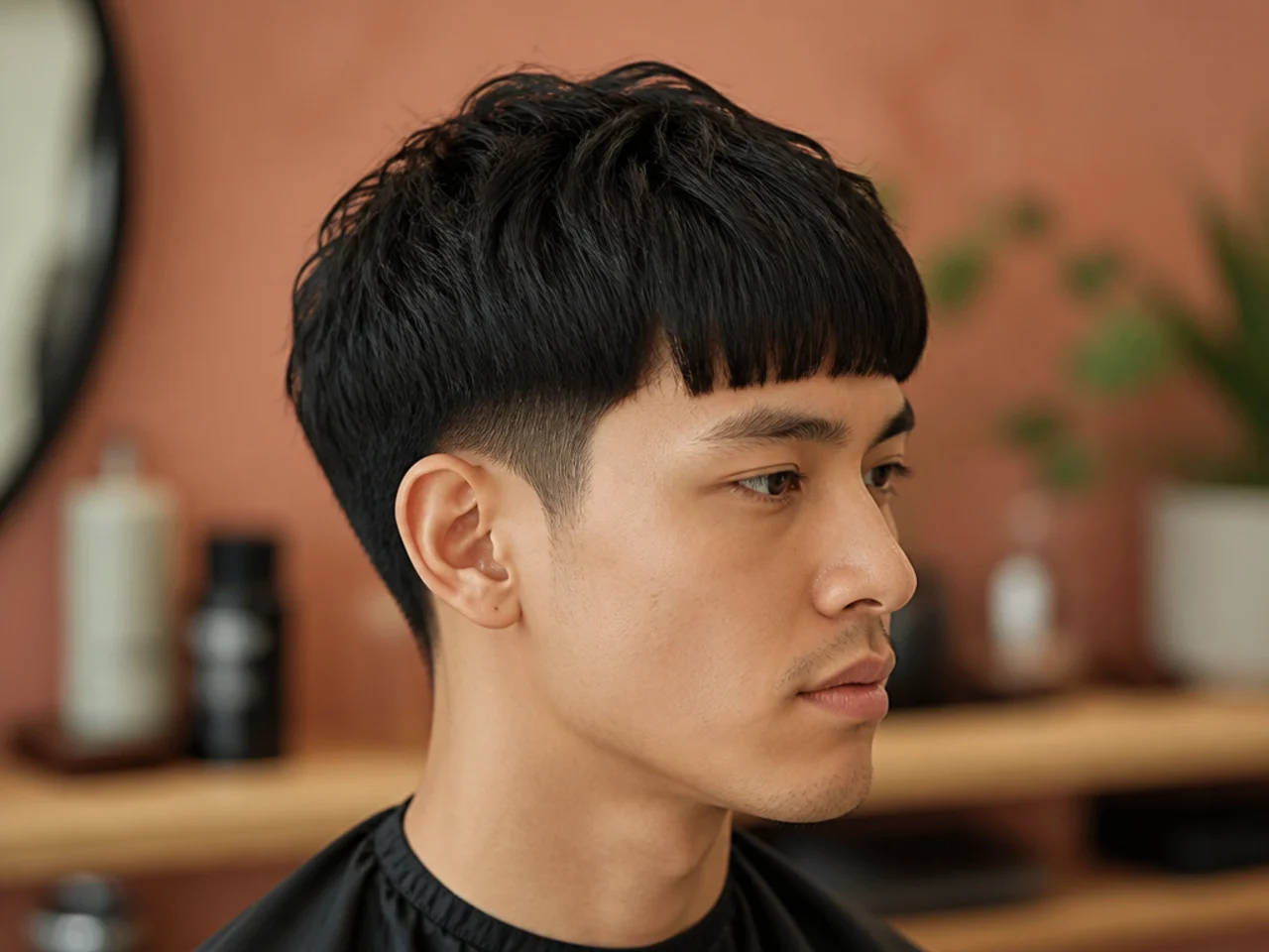 Blowout taper with a blunt fringe cut straight across the eyebrows on dark straight hair