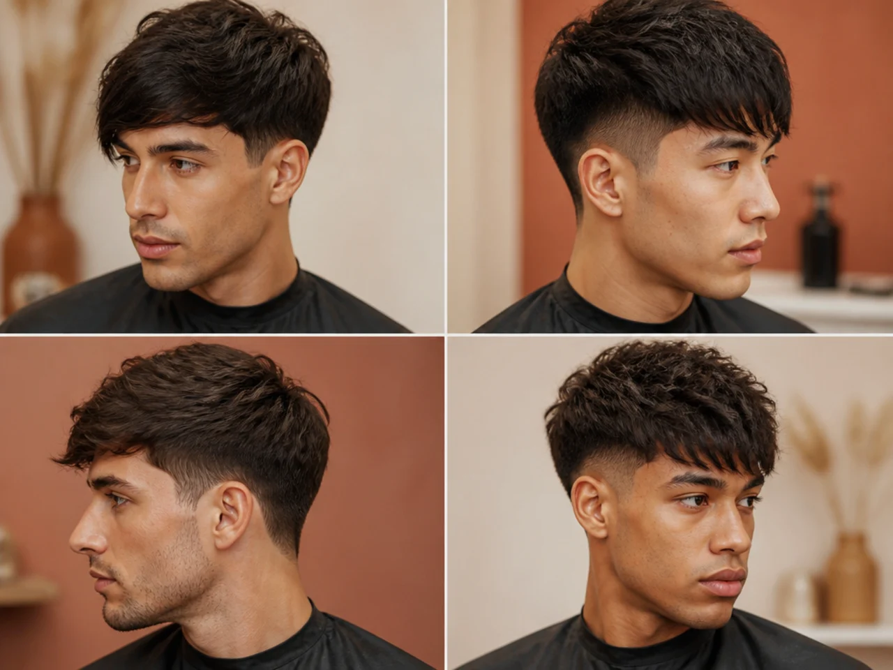 Blowout taper with an angled fringe cut diagonally from one brow to the opposite cheekbone on brown hair