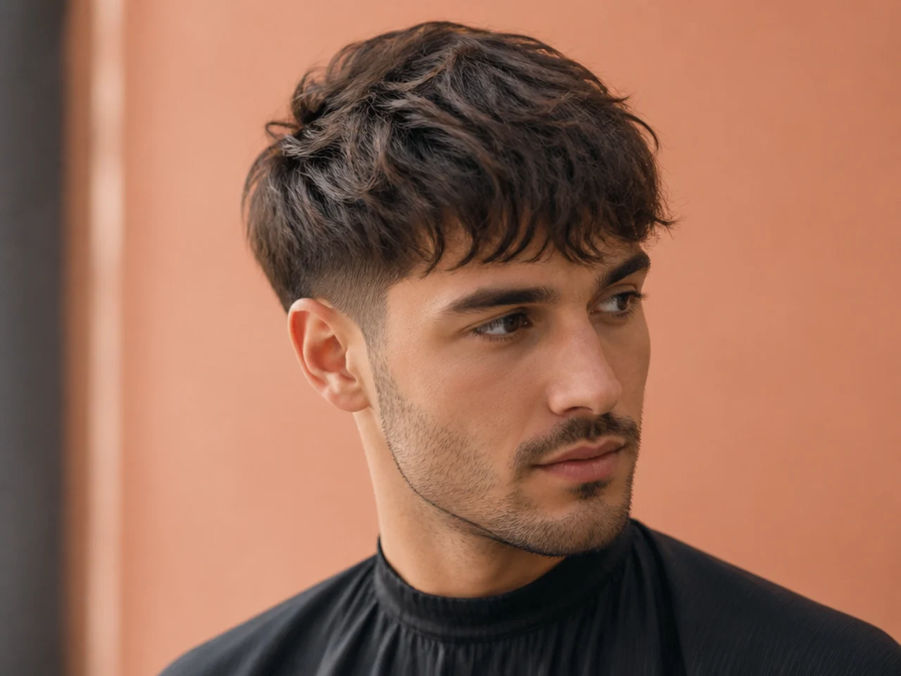Blowout taper with a wispy French-crop fringe just skimming the forehead on straight dark hair