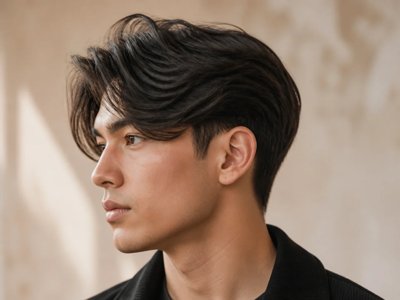 Blowout taper with a long sweeping fringe falling past the eyebrows to the cheekbone on brown hair