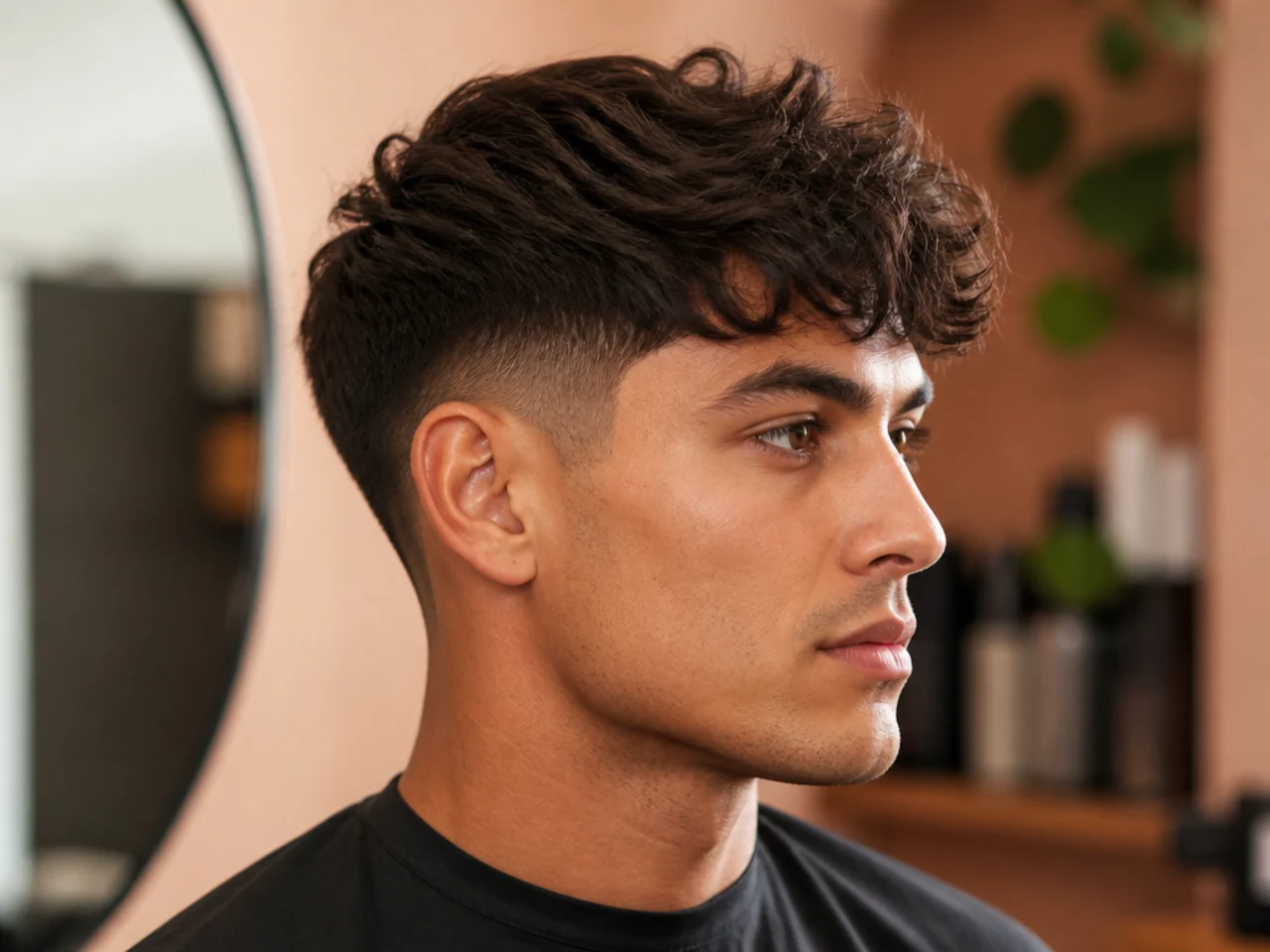 Client showing a phone reference photo to a barber before a blowout taper fringe cut