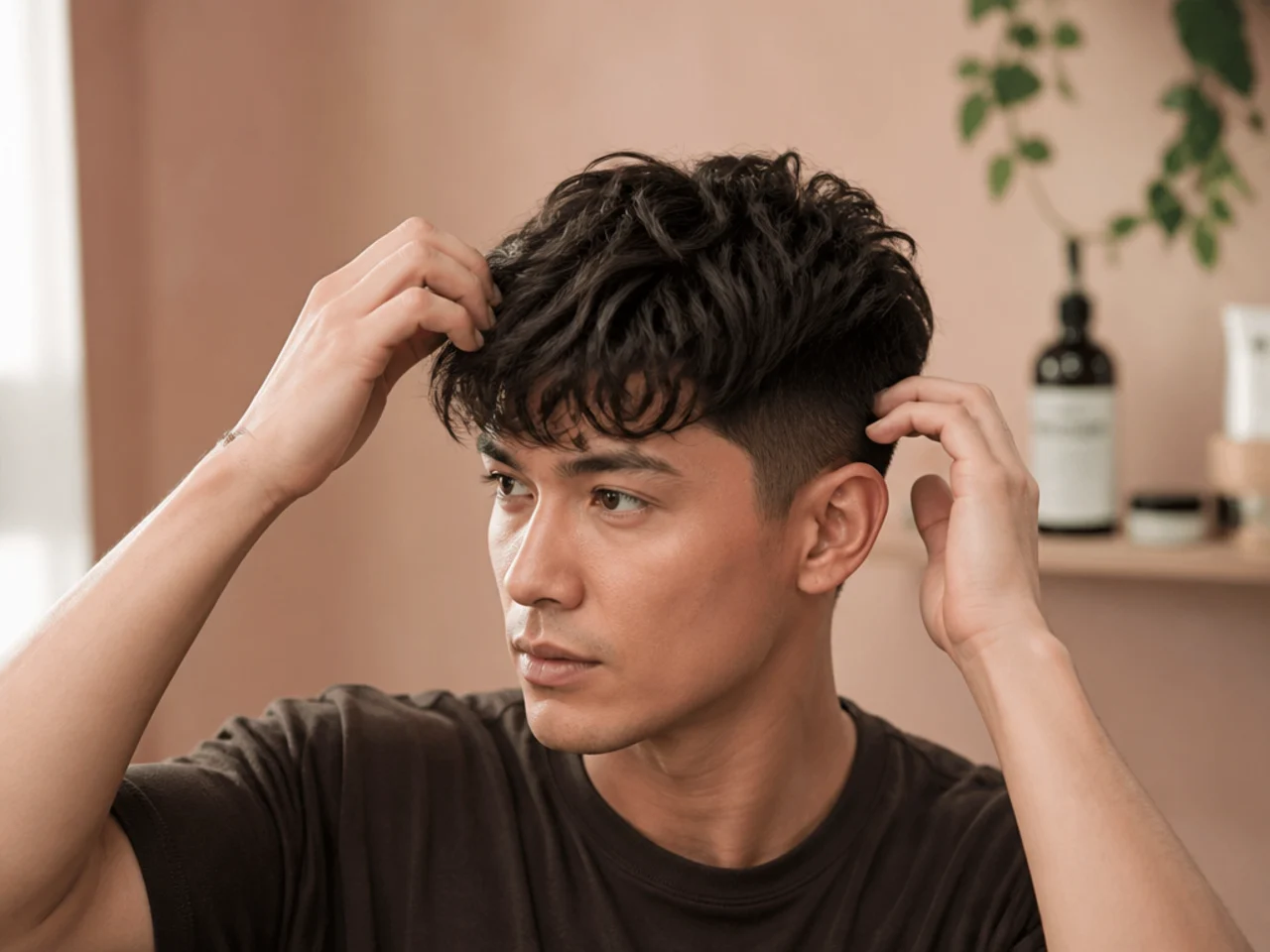 Styling essentials for a blowout taper fringe — matte paste, sea-salt spray, round brush, blow-dryer, and comb