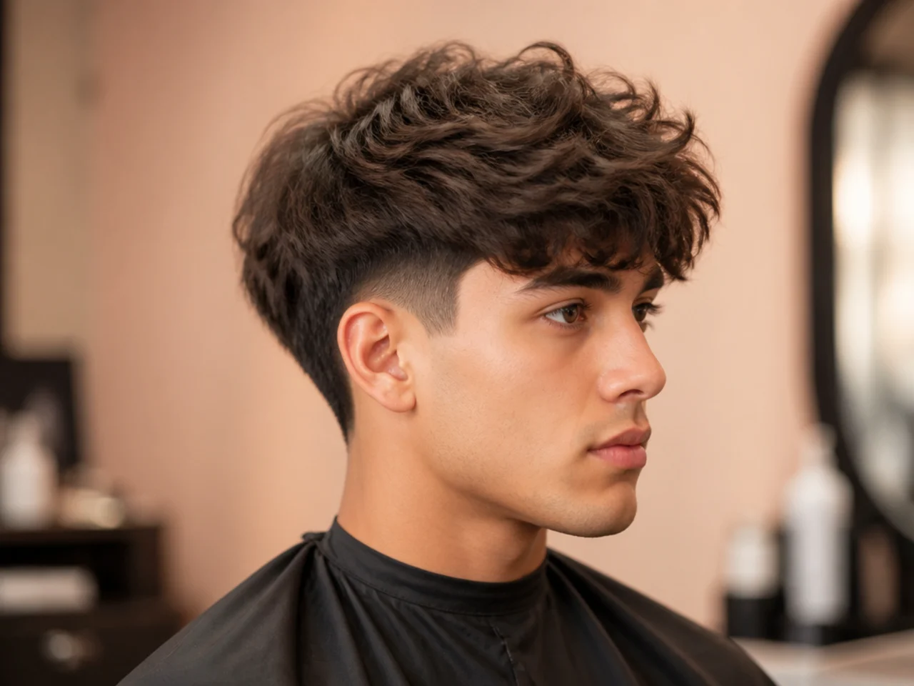 Blowout taper fringe on brown straight hair — domed crown volume with a piecey fringe at the eyebrows and a clean taper at the sides