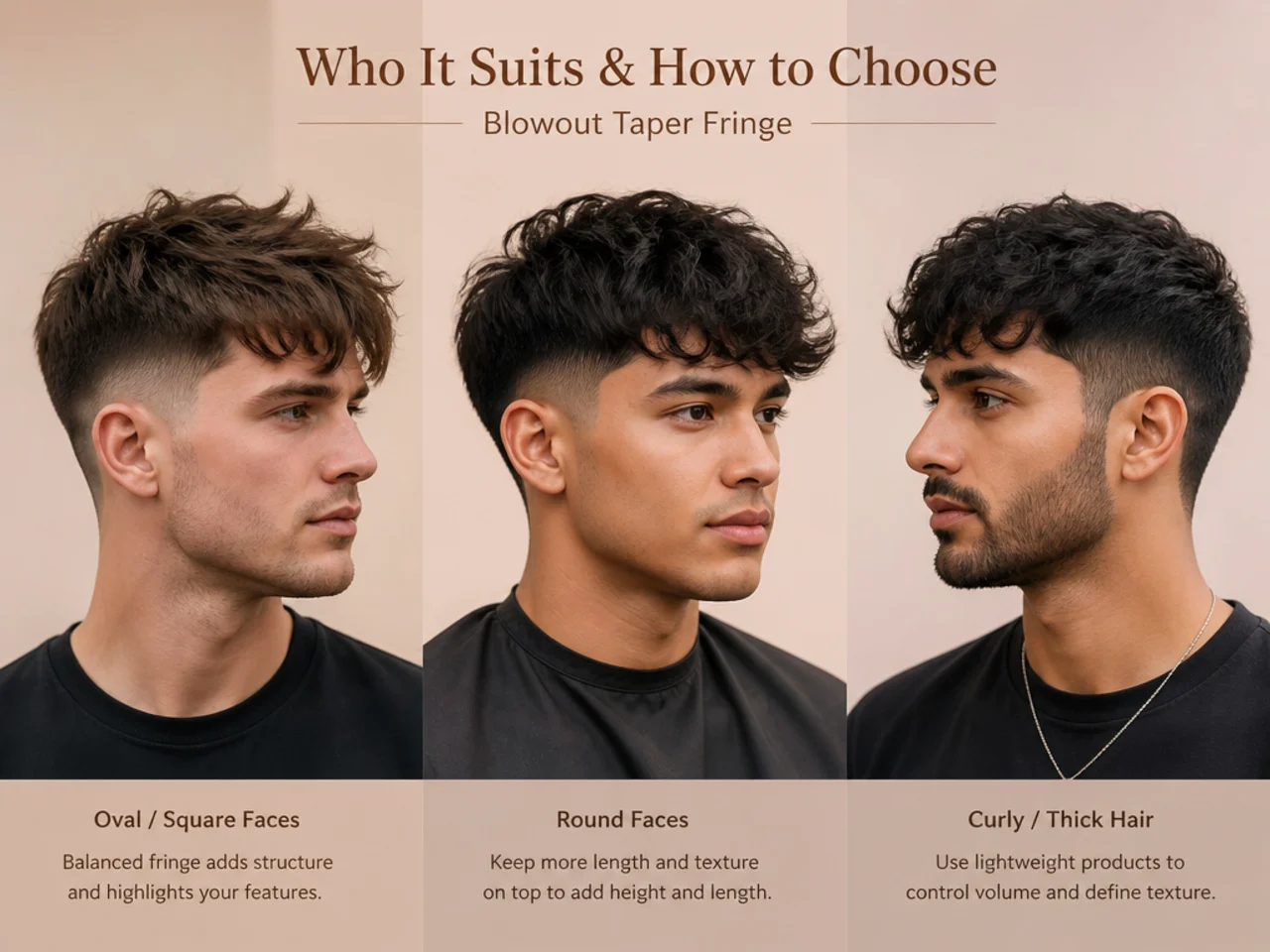 Three men side by side with different blowout taper fringe variations on straight, wavy, and curly hair