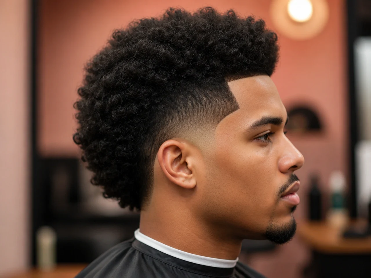Blowout taper frohawk with a four-inch strip of 4B coils running crown to forehead lifted into a mohawk shape