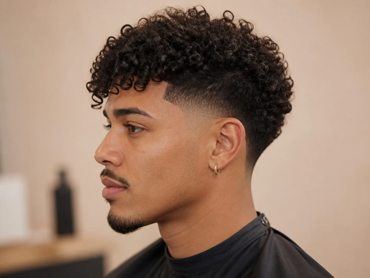 Blowout taper with a 4A curly textured fringe falling to the brows and blowout crown volume behind