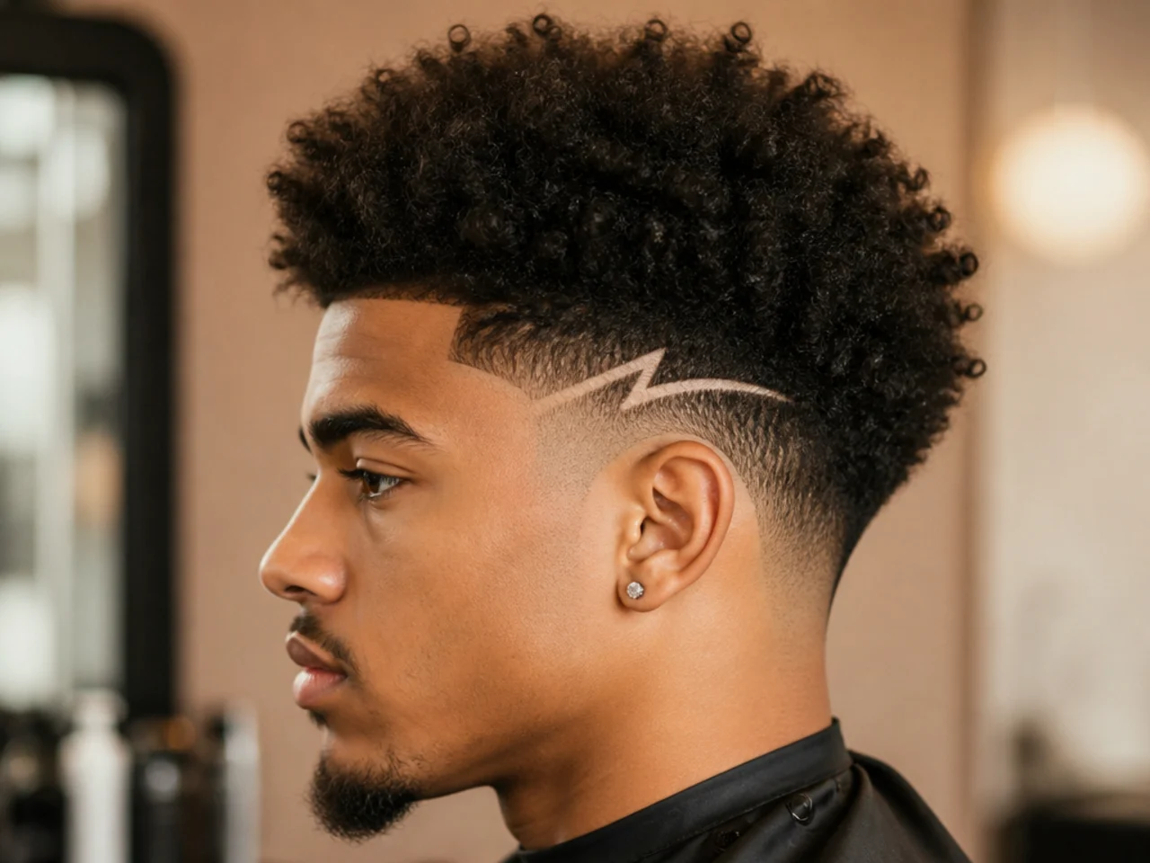Blowout taper with a razor-etched design at the side blending into a clean taper and picked-out top