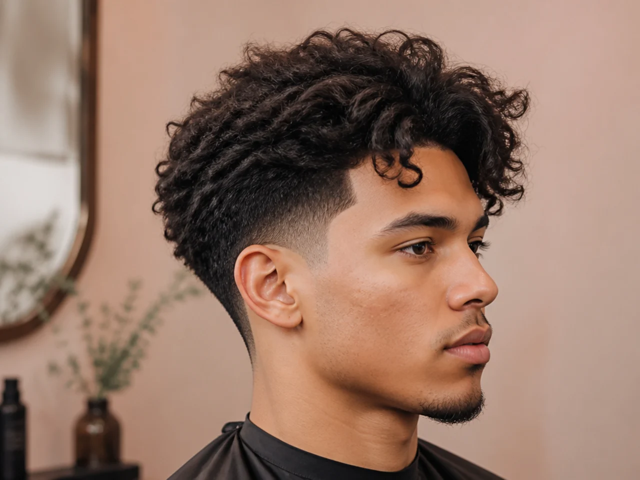 Blowout taper with a comma-shaped fringe on 4A texture curving toward the temple over a clean taper