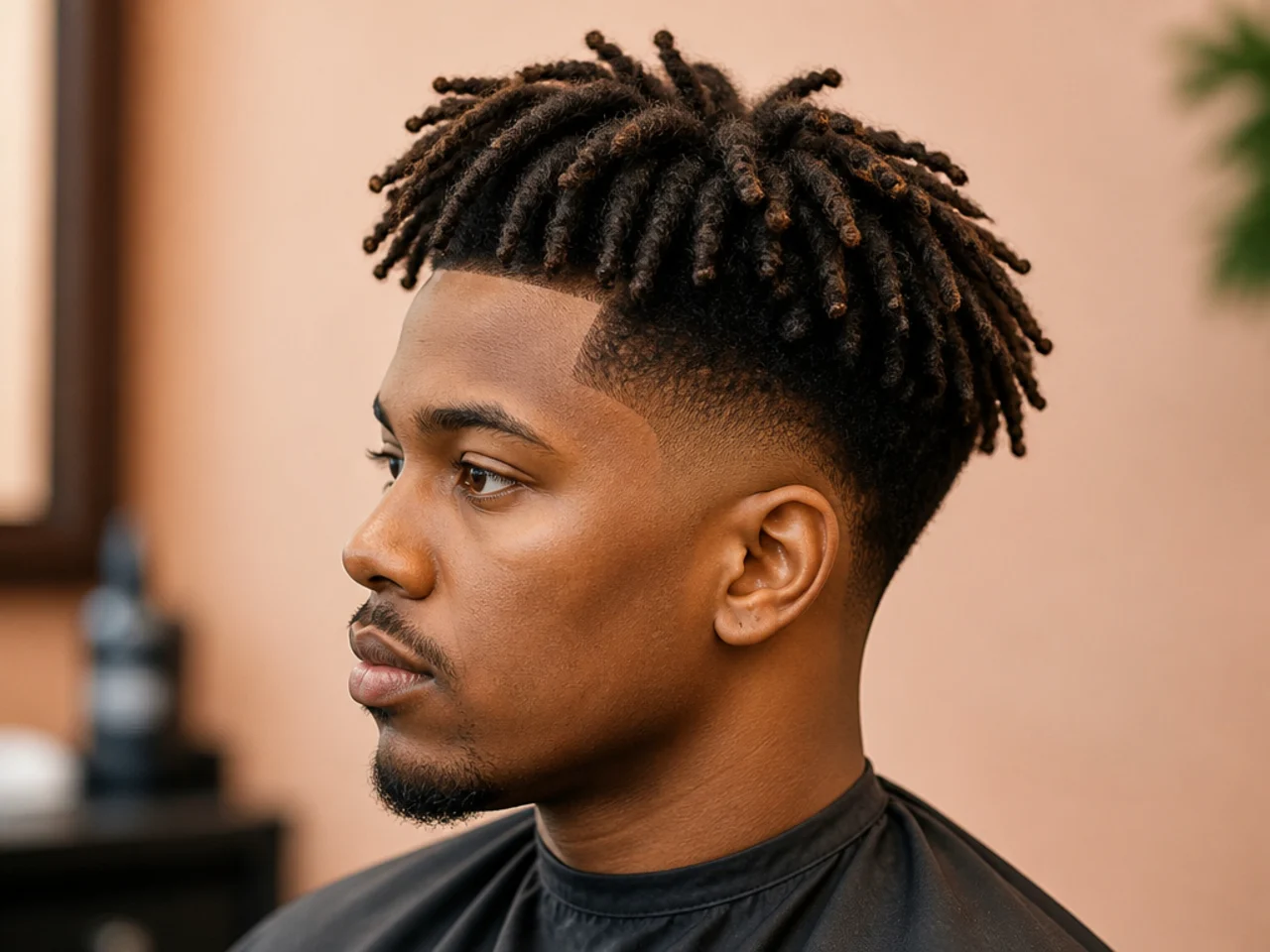 Blowout taper with freeform locs on top volumized into a blowout shape over clean tapered sides
