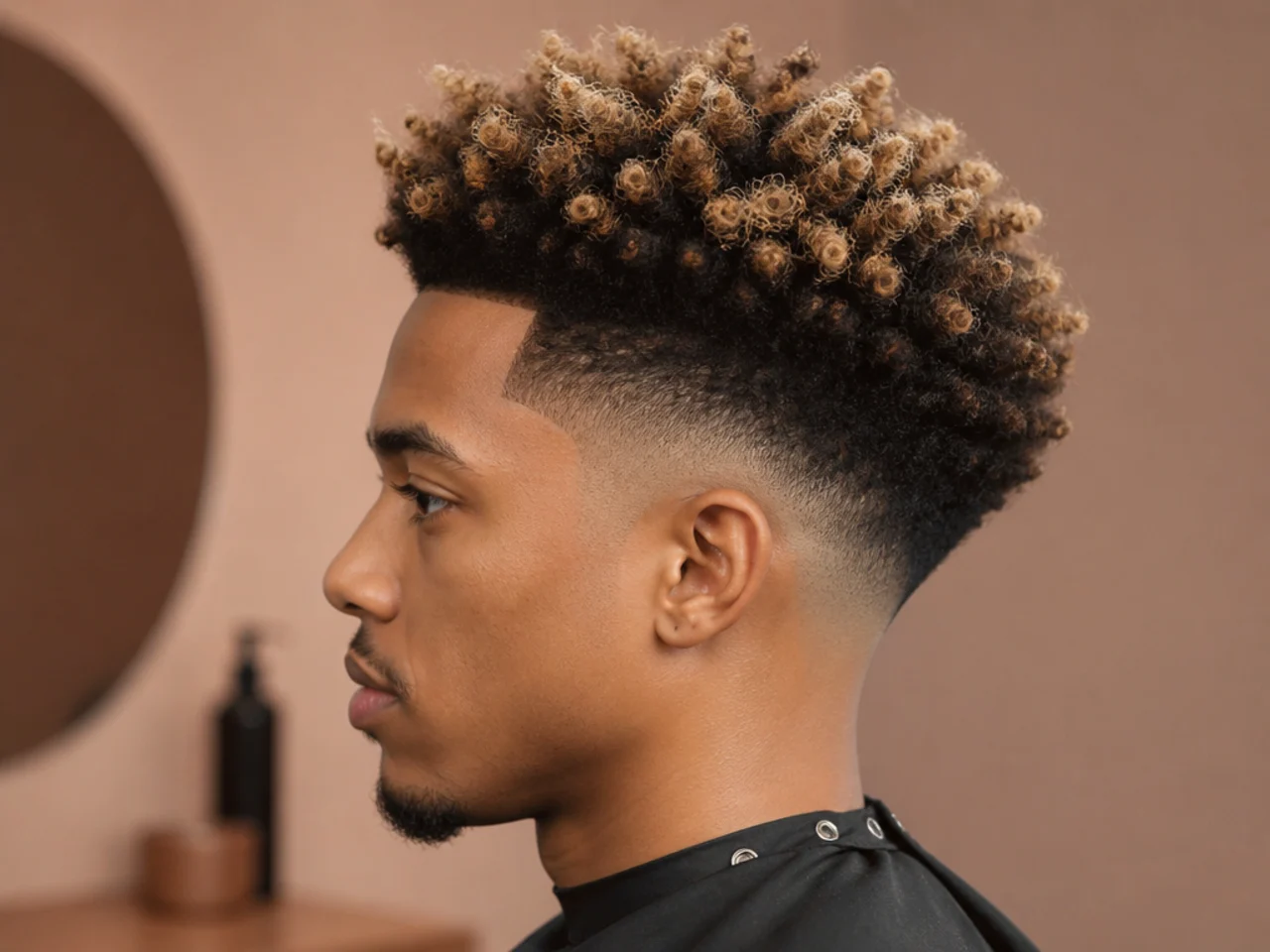 Blowout taper with bleached blonde tips on 4A coils over dark roots and clean tapered sides