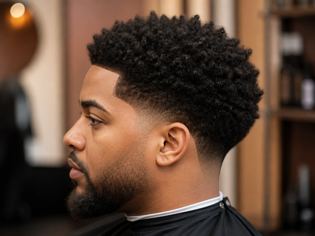 Mid blowout taper with three inches of 4B sponge coils in defined uniform curls