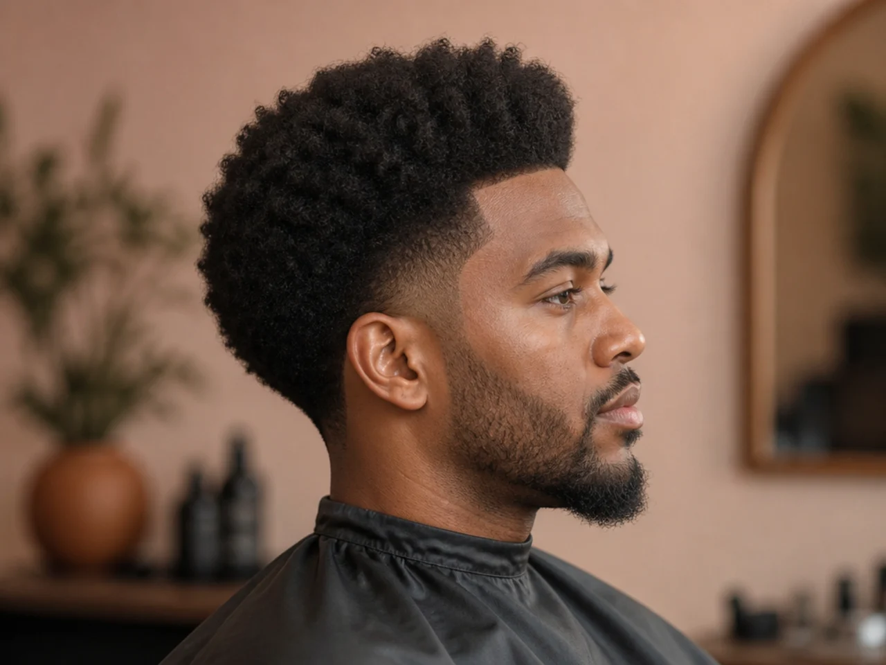 High blowout taper with five inches of dense 4C coils picked out into a tall rounded afro shape