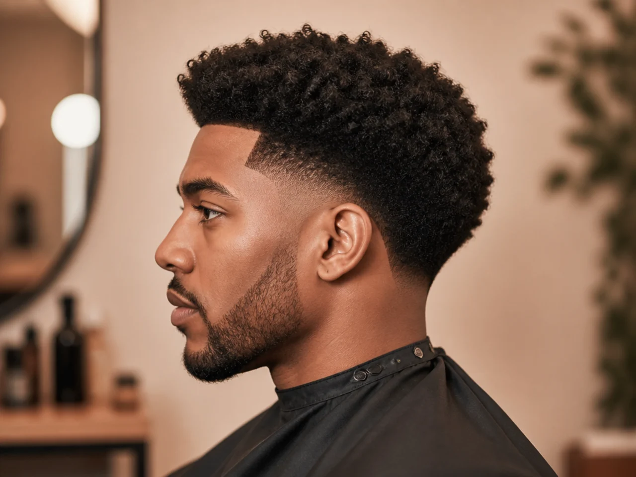Blowout drop taper on 4B coils with the taper line arcing down behind the ear and a picked-out three-inch top