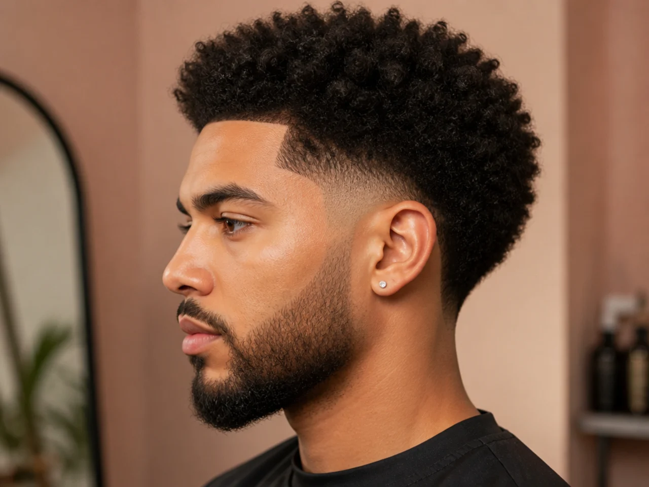 Blowout temple taper with the taper concentrated at the temple and fuller 4A coils at the nape