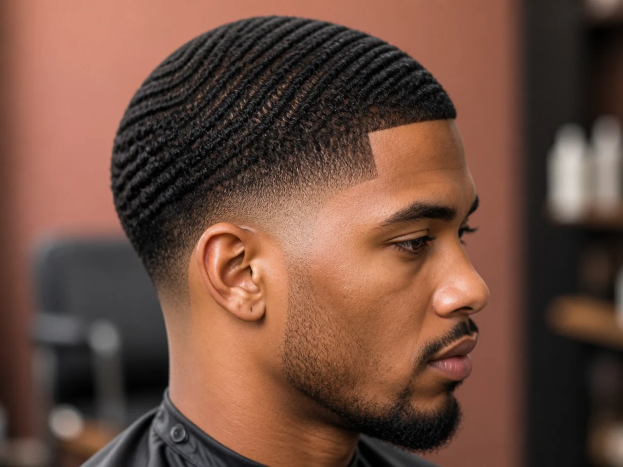 Blowout taper with 360 waves brushed down at the sides and a lifted picked-out coil crown on top