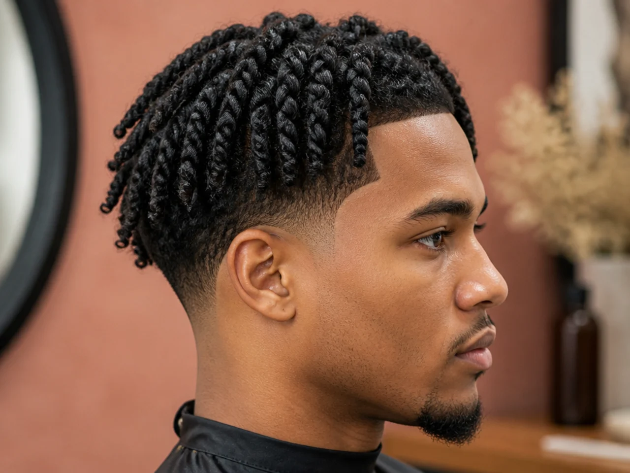 Blowout taper with two-strand twists on top left in as a protective style over a clean tapered perimeter