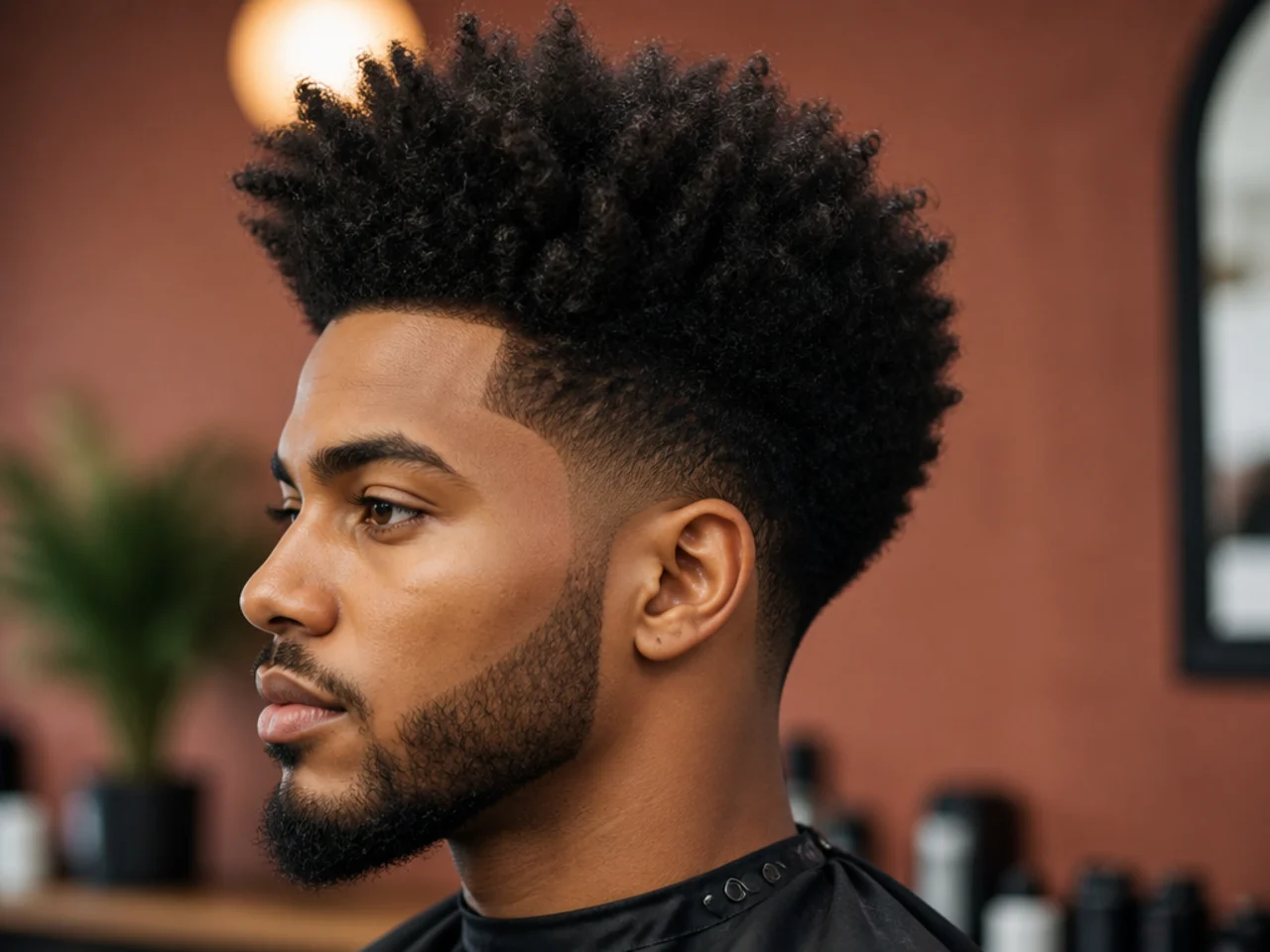 Tall blowout afro on 4A texture picked out to full height over a clean low taper