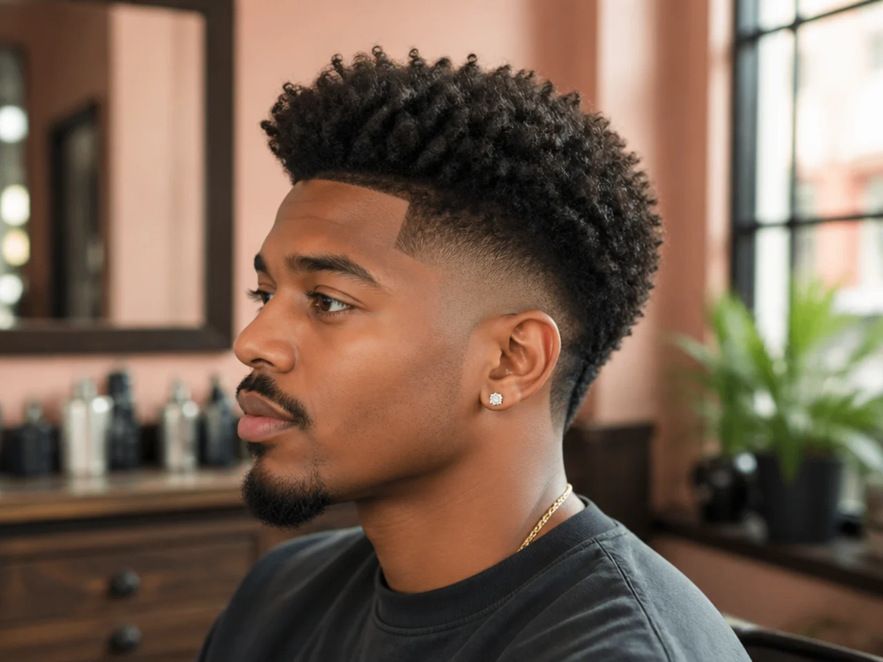 Black client showing a phone reference photo to a barber before a blowout taper cut