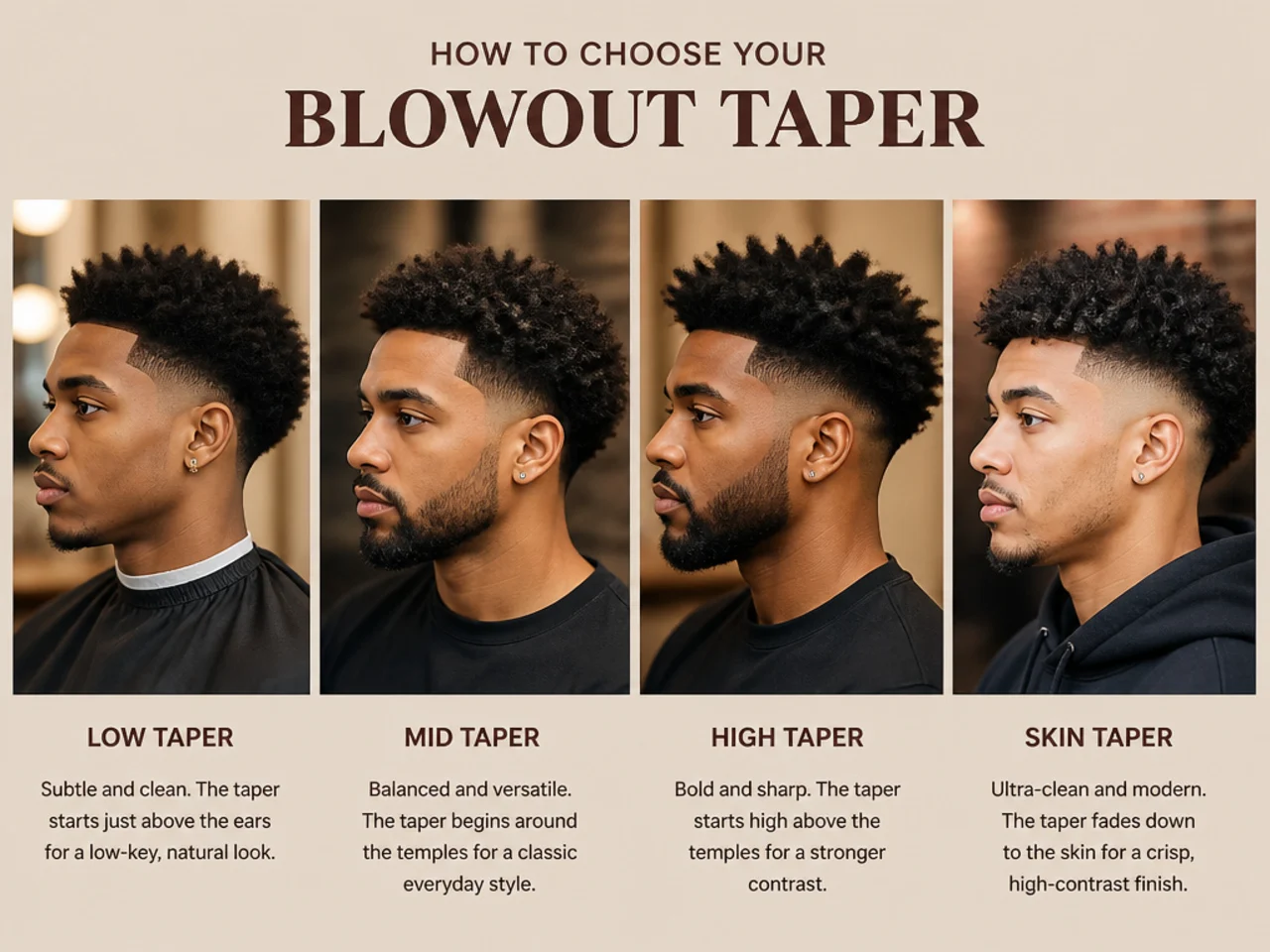 Three Black men side by side showing a two-inch cropped blowout, a three-inch coil blowout, and a five-inch picked-out afro over matching tapers