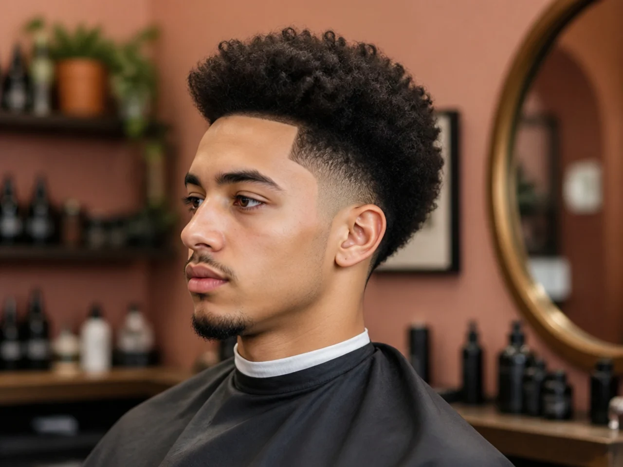Styling essentials for a blowout taper on Black hair — leave-in spray, curl cream, shea oil, hi-top pick, curl sponge, du-rag, and satin bonnet arranged on a warm-toned surface