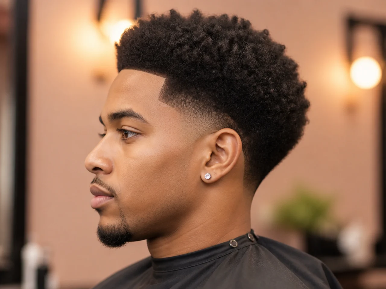 Fresh blowout taper on 4B natural hair with a soft taper above the ear and a picked-out three-inch coil blowout up top