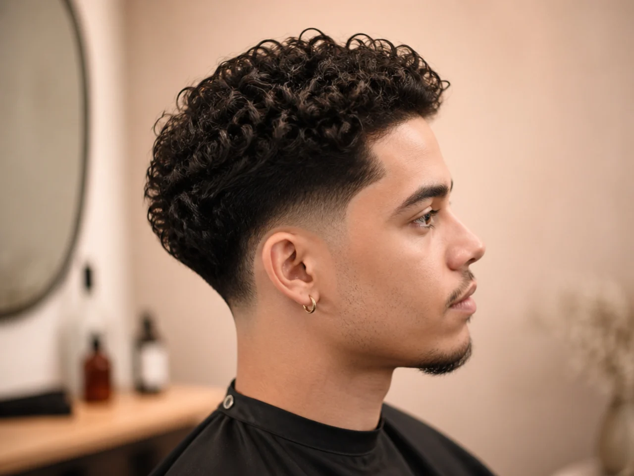 Man with curly hair rinsing sulfate-free shampoo in the shower — proper curl wash cadence for a blowout taper