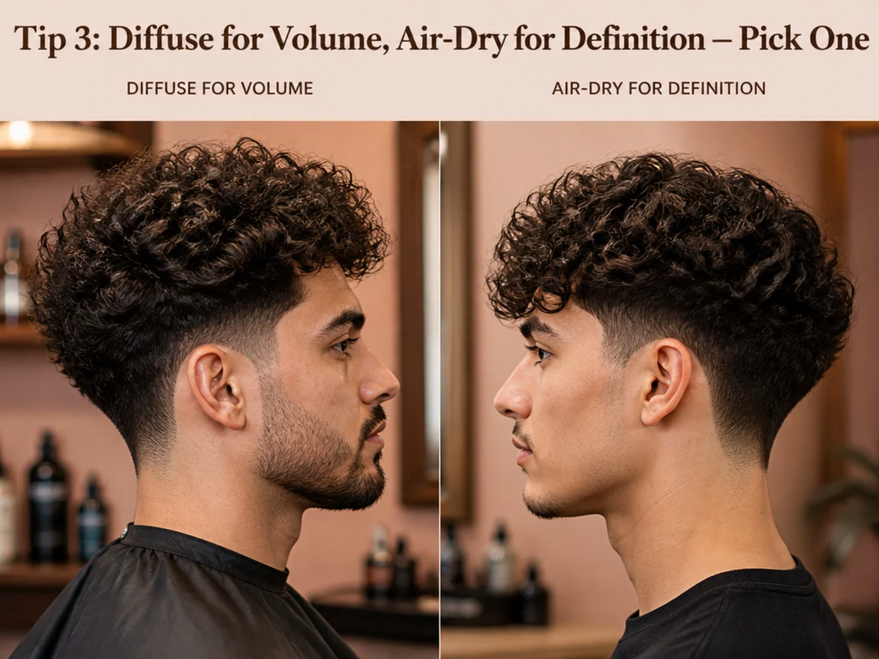 Curly-haired man cupping a diffuser attachment against the scalp to build blowout volume on a taper cut