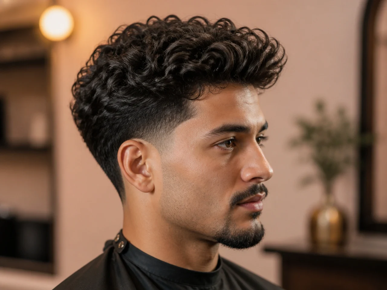 Curly-haired man directing curls up and forward during a diffused blowout taper style — showing correct curl direction