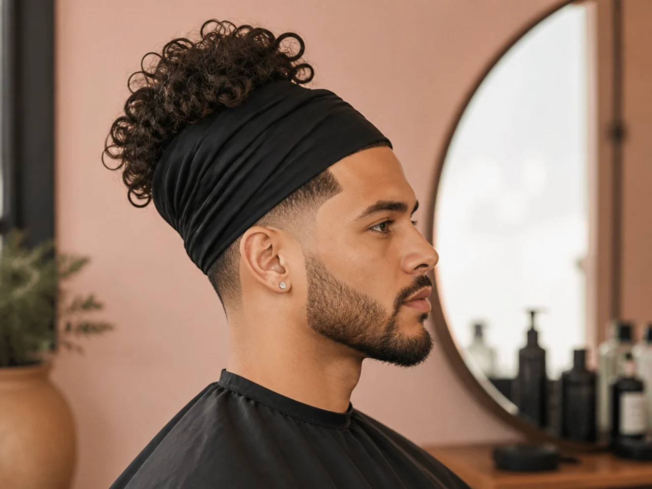 Curly-haired man pineappled with a fabric-covered scrunchie on top of his head at bedtime — protecting a blowout taper overnight