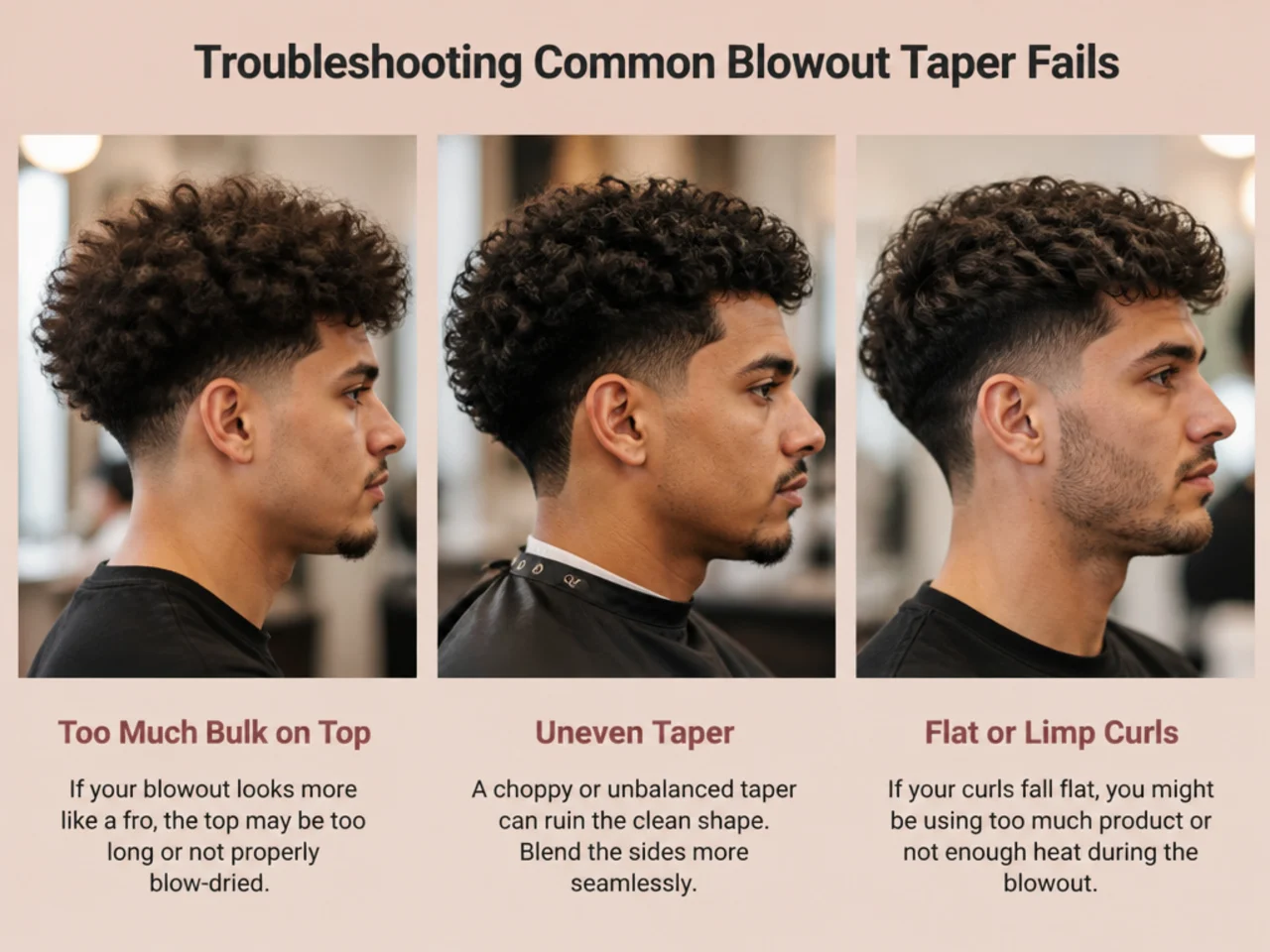 Split-panel photo comparing a limp collapsed curly blowout taper on the left and a well-defined domed shape on the right