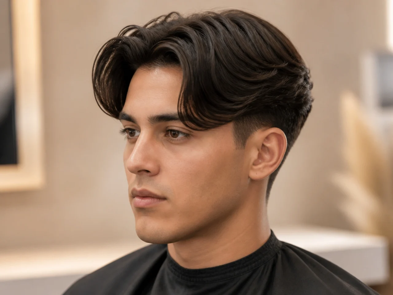 Comma hair middle part blowout taper with curved hook-shaped fringe pieces