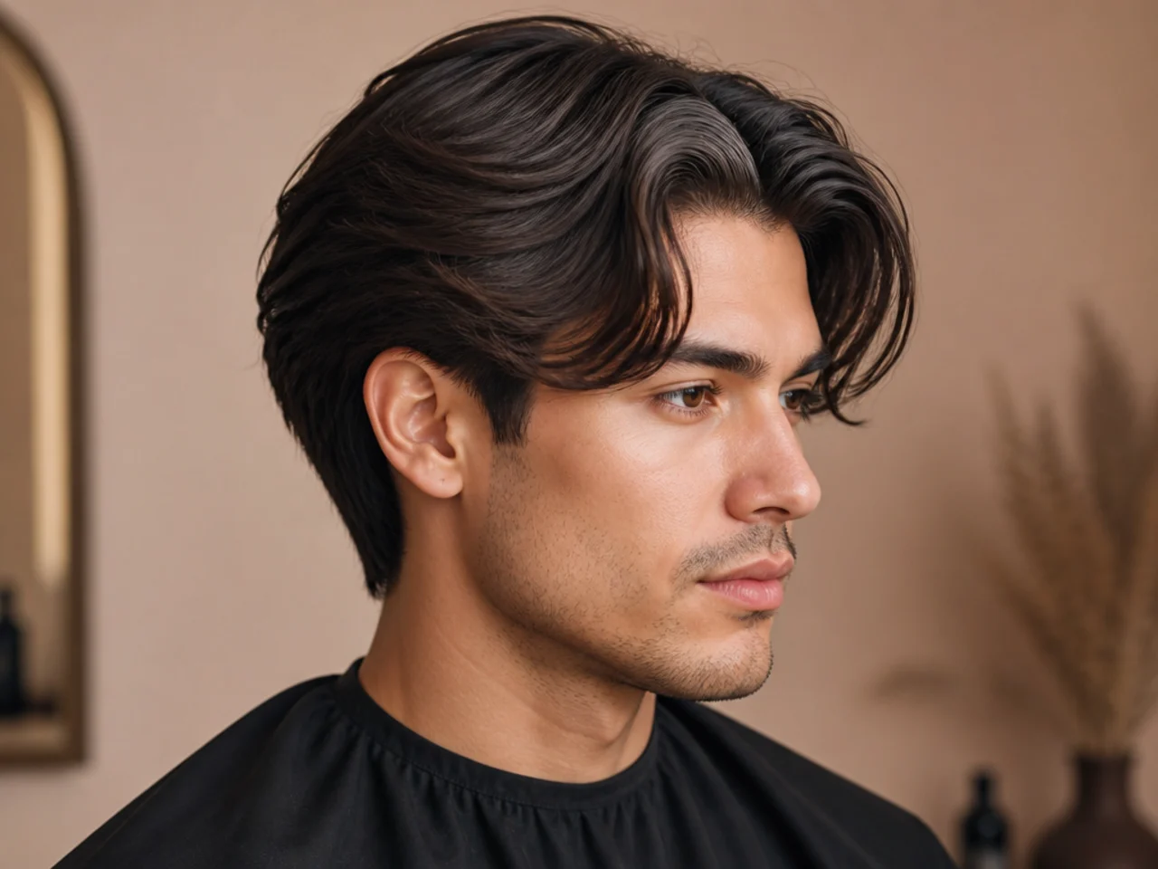 Long flow middle part blowout taper with wavy length sweeping back past the ear