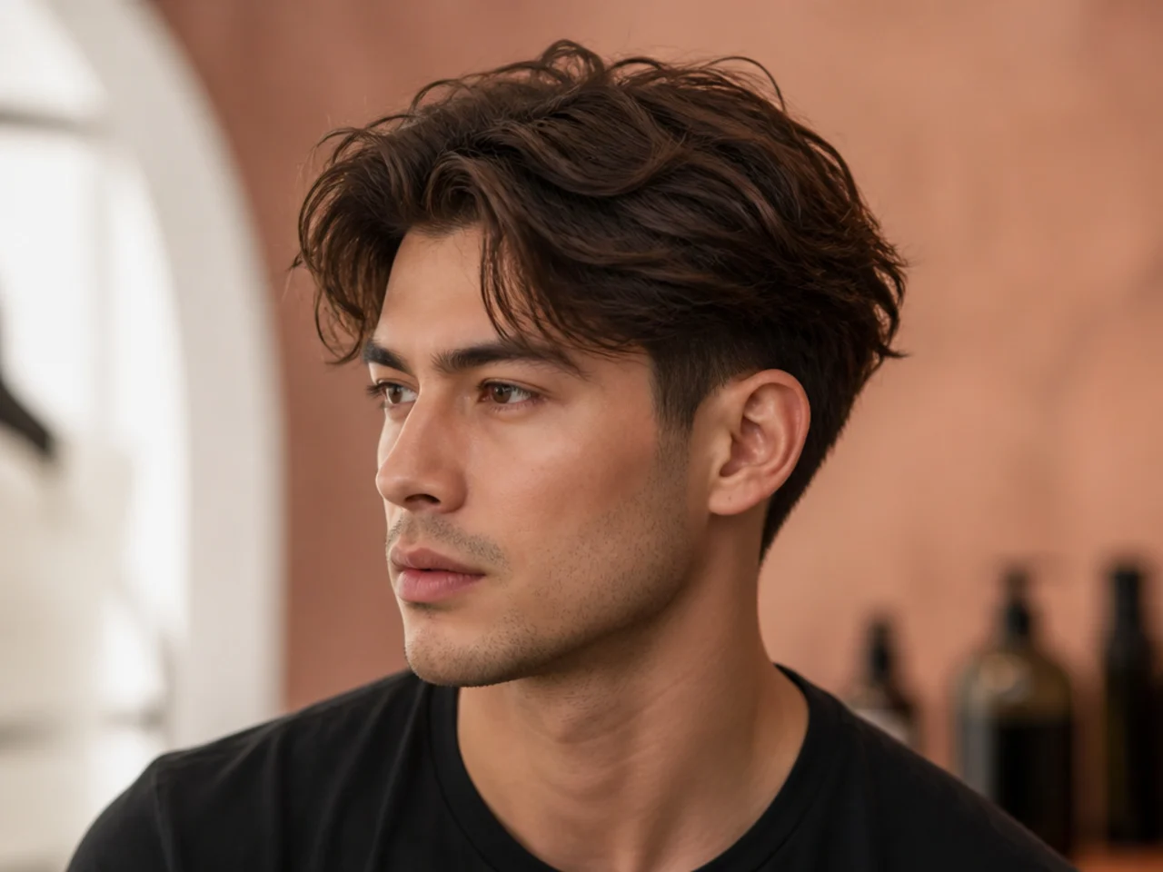 Messy middle part blowout taper with tousled volume and deliberately imperfect split