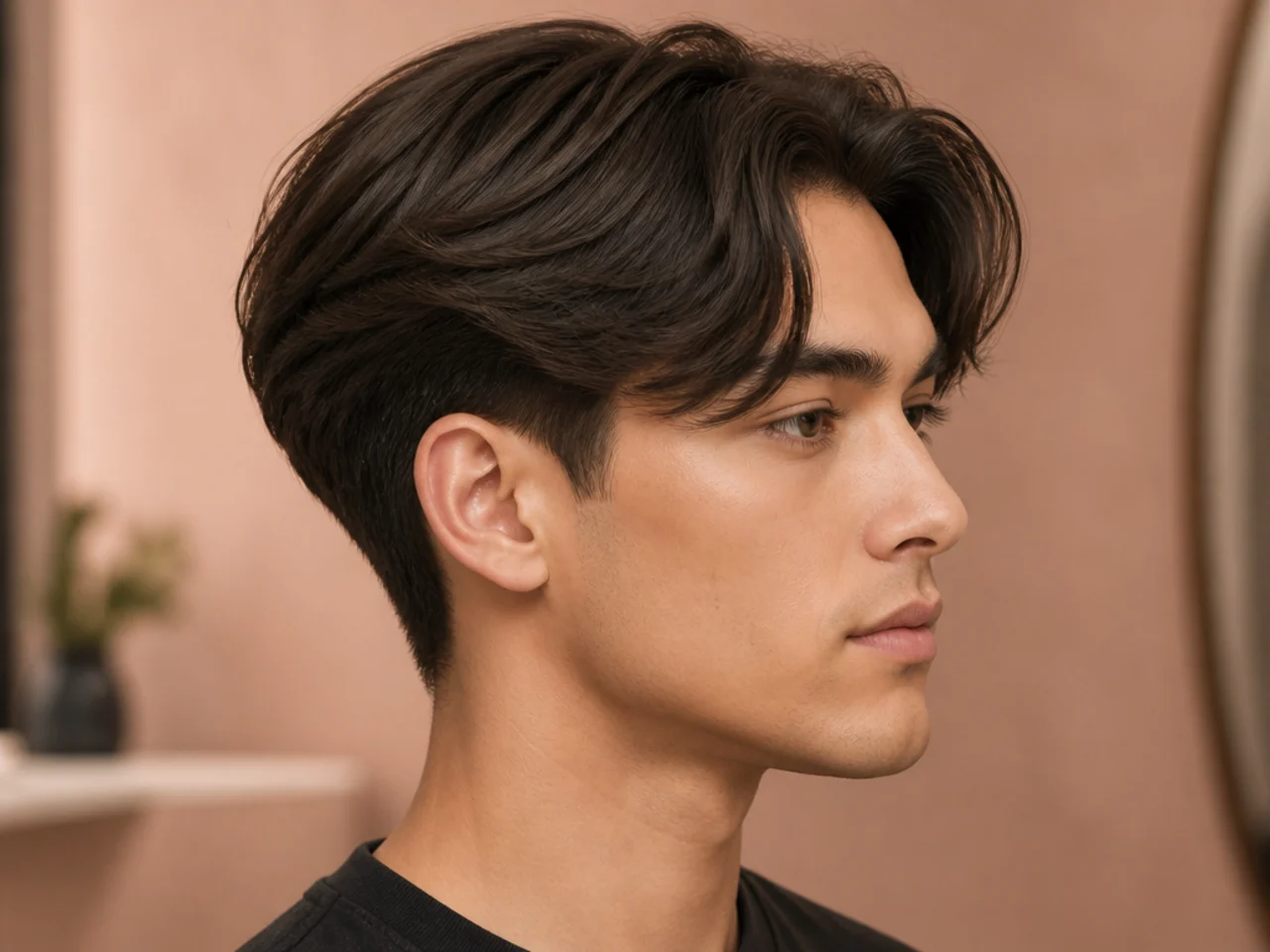 Feathered middle part blowout taper with layered wispy ends framing the face