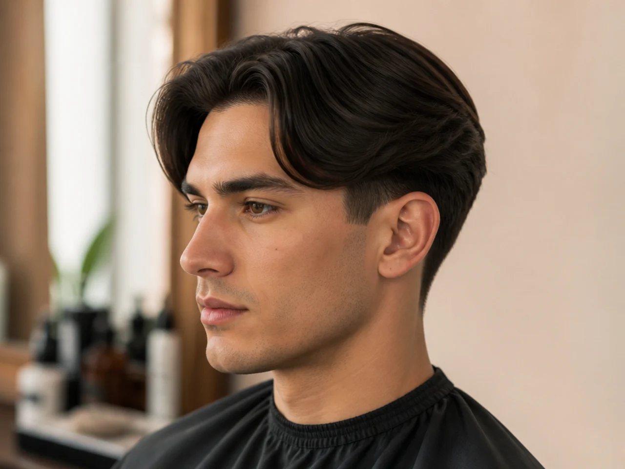 Slick glossy middle part blowout taper with polished sides and crown volume
