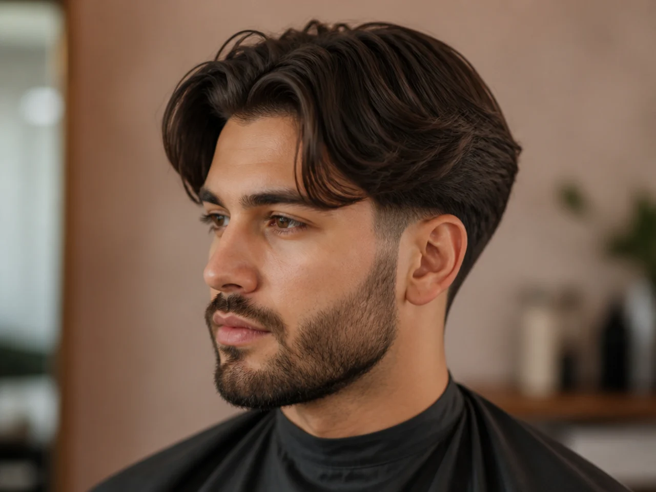 Middle part blowout taper with a full trimmed beard blended into the taper line