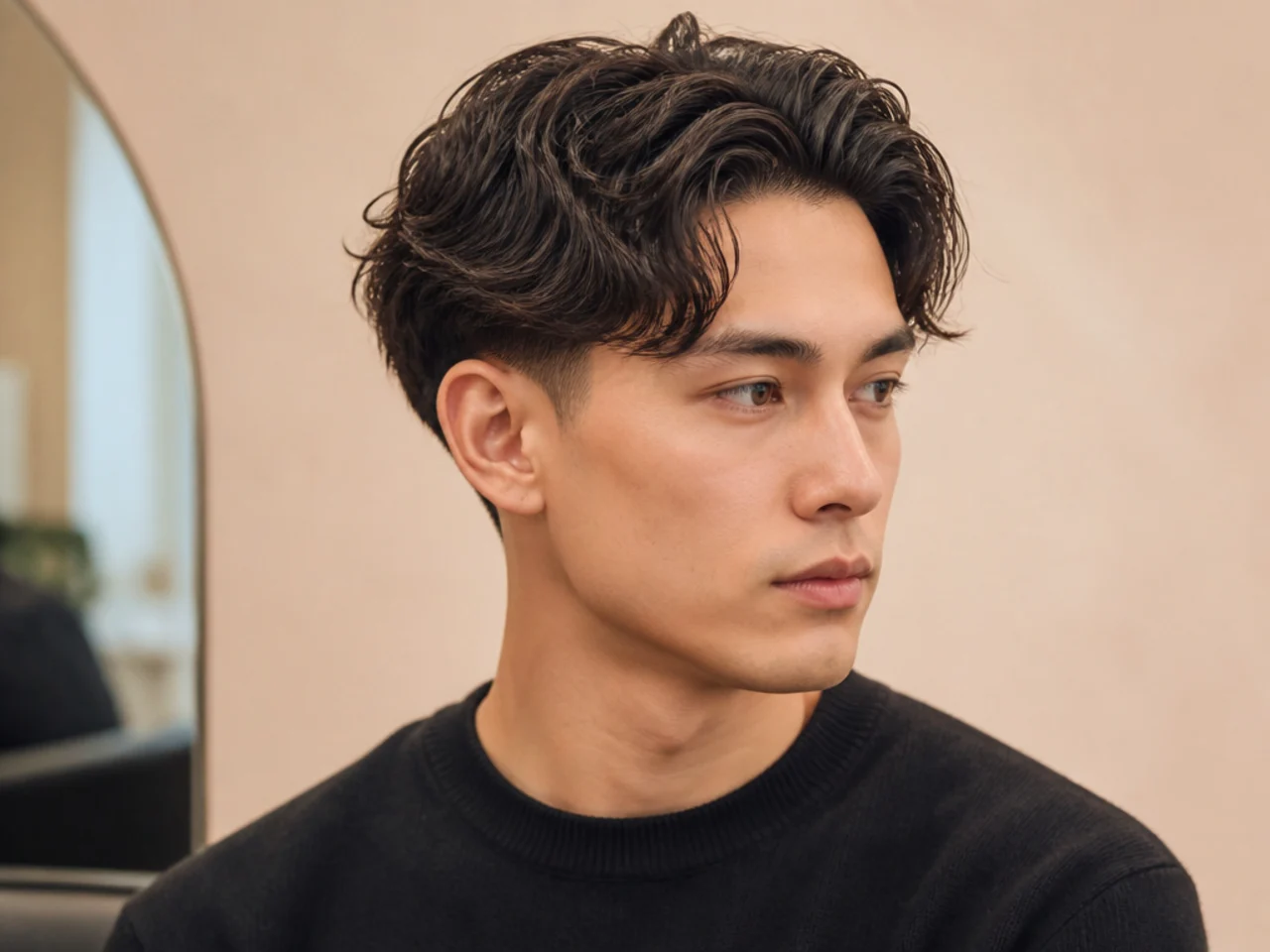 Middle part blowout taper on lightly permed straight hair with visible C-curl wave