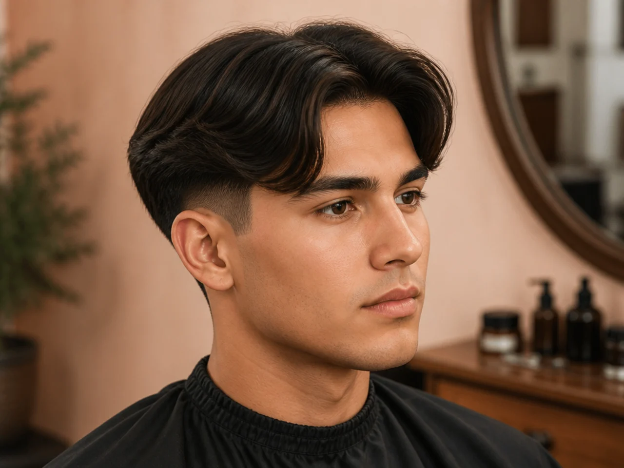 Middle part drop blowout taper with the taper line curving behind the ear