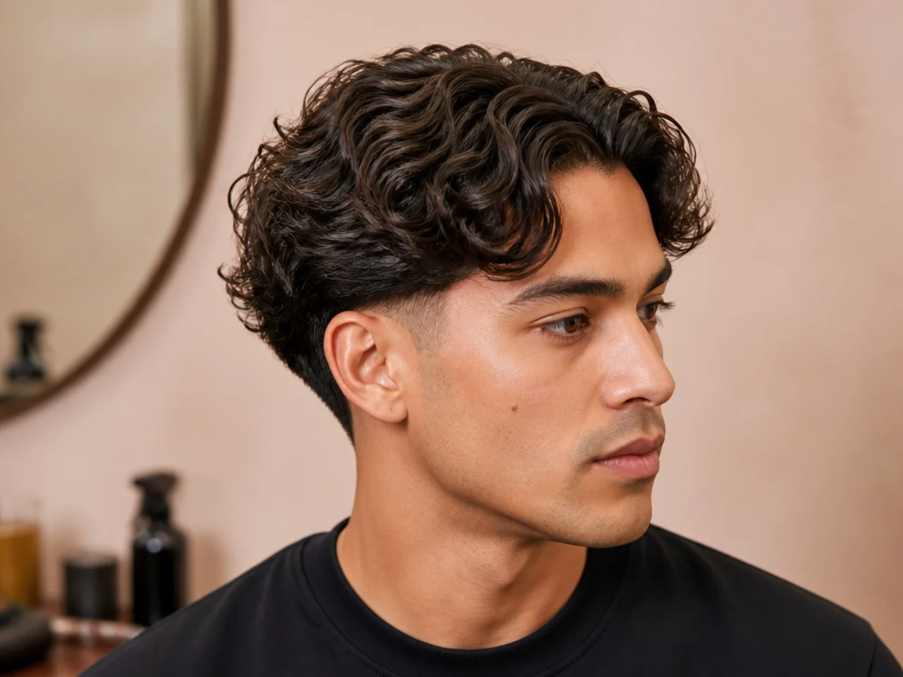 Curly 3A blowout taper middle part with rounded curl volume on top